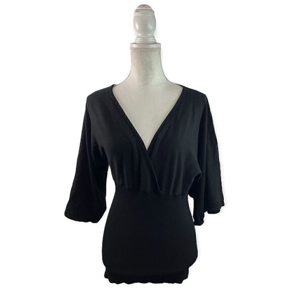 H&M DEEP V SURPLICE NECKLINE KIMONO BELL SLEEVE BLACK VISCOSE SWEATER TOP LARGE - Picture 1 of 8